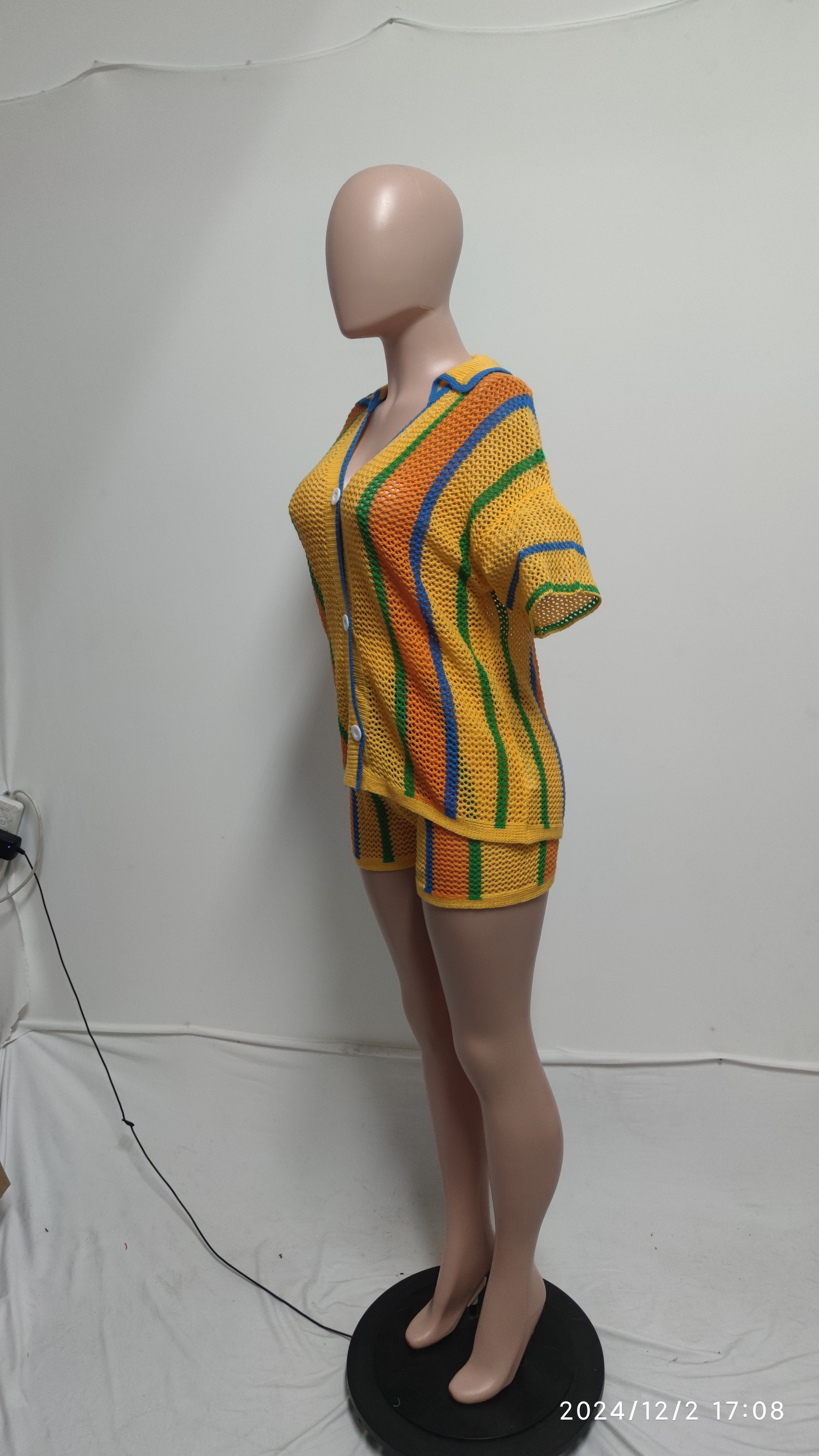 Women's Sexy Hollow See-Through Turndown Collar Knitting Two Piece Shorts Set 28