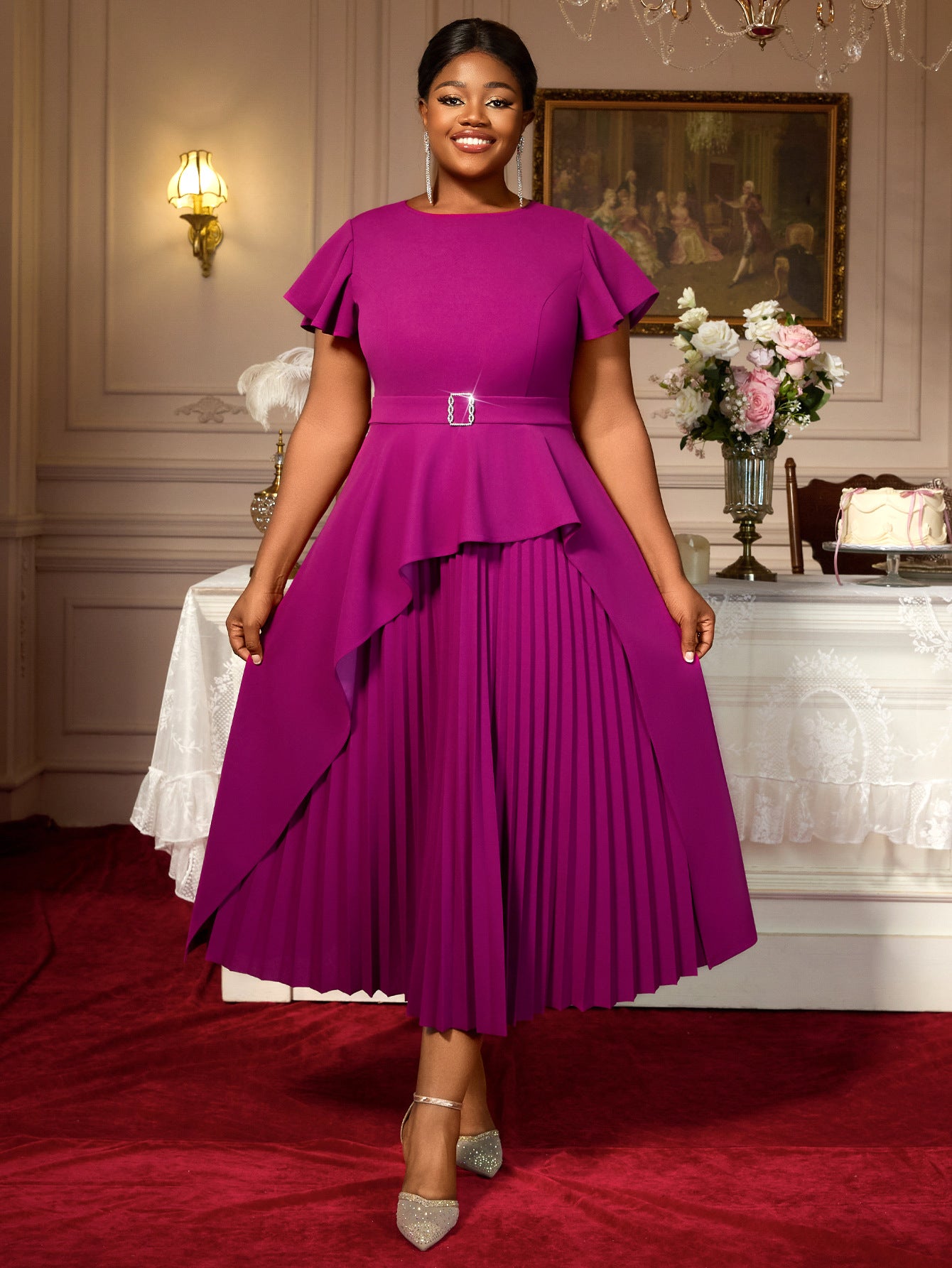 Plus Size Women Round Neck Short Sleeve Irregular Ruffle Elegant Dress 5