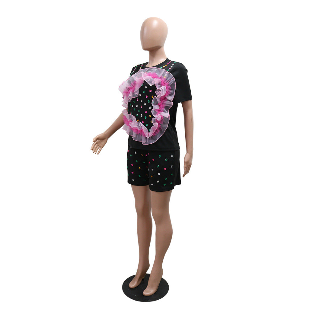 Women Summer Round Neck Beaded Short Sleeve Top Shorts Casual Two Piece Set 5