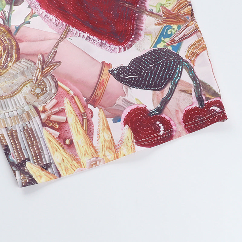 Spring Printed Metal Button Hollow Strapless Bodycon Short Dress 14