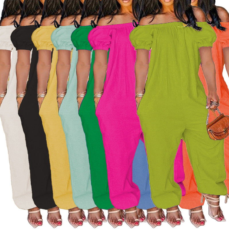 Women's Solid Color Loose Long Length Short Sleeve Jumpsuit Women's Bodysuit 18