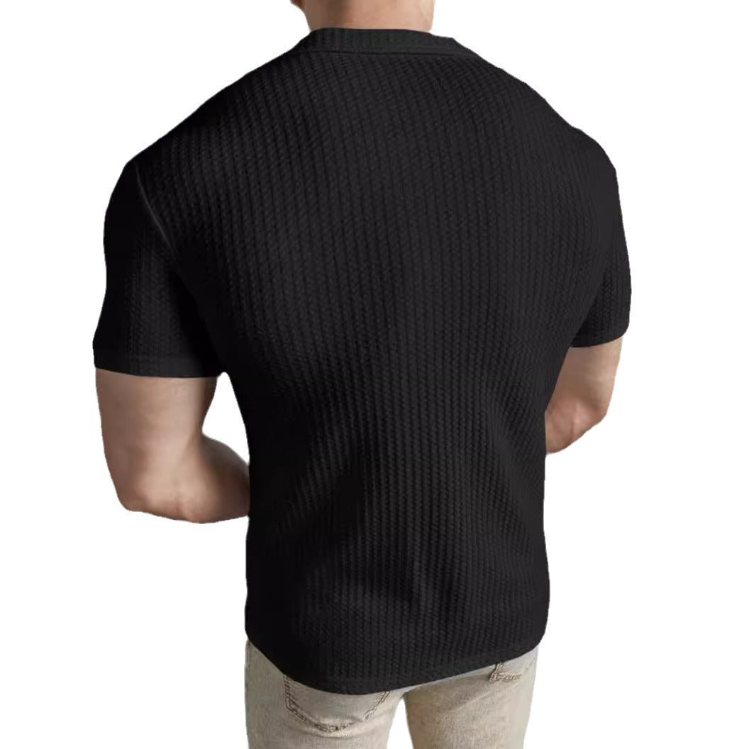 Spring And Summer Men's Fashion Casual Slim Top Fashion Short Sleeve Wafflet Shirt 5
