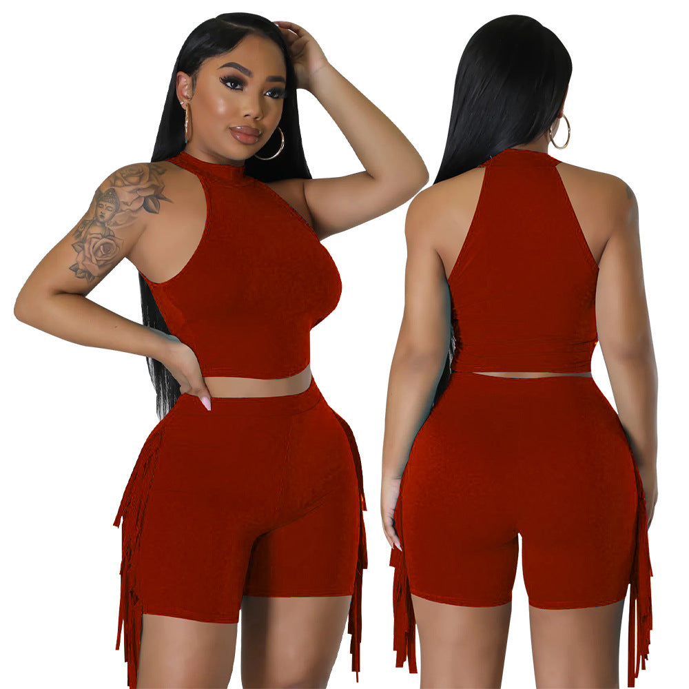 Women Sleeveless Round Neck Top and Tassel Shorts Casual Two-Piece Set 8