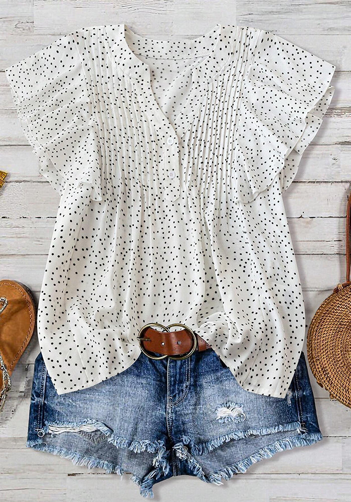 Women Spring and Autumn Princess Sleeve V-Neck Button Pleated Top T-shirt