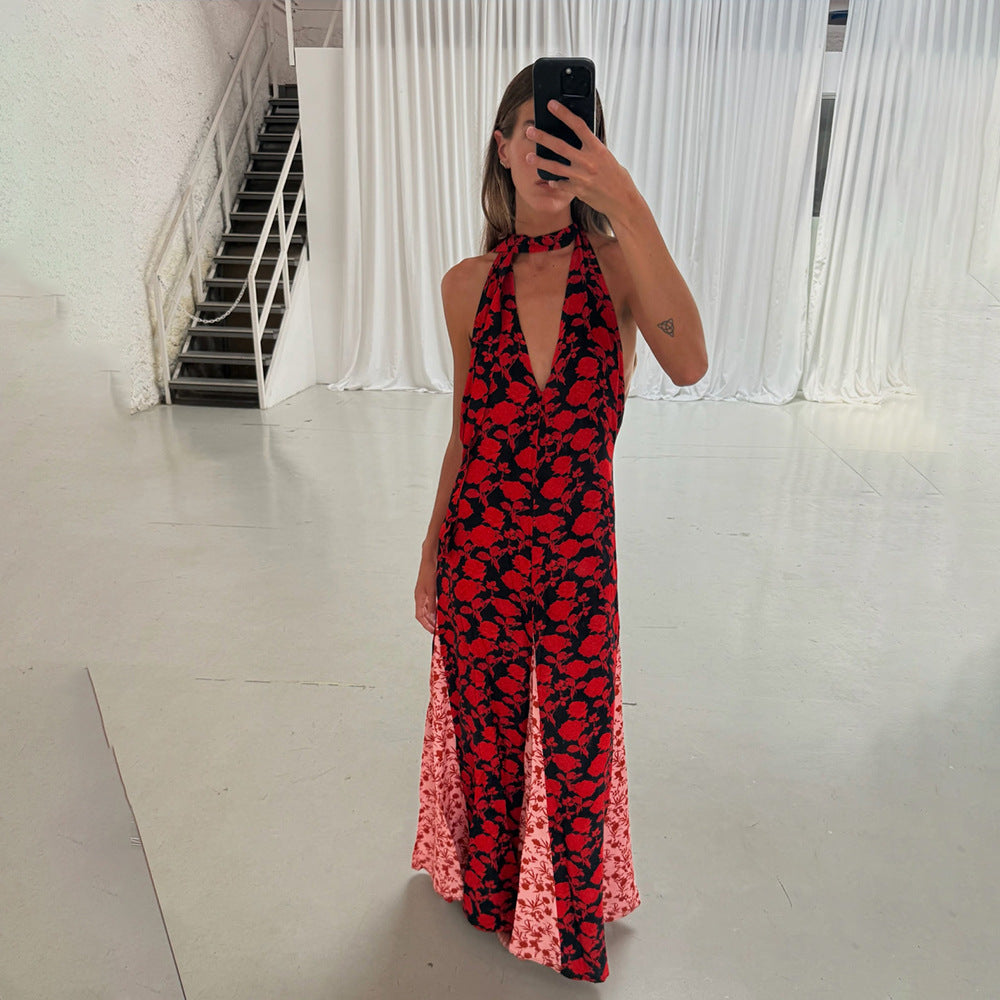 Women Summer Sexy V-Neck Lace-Up Polka Dot Patchwork Backless Maxi Dress 6