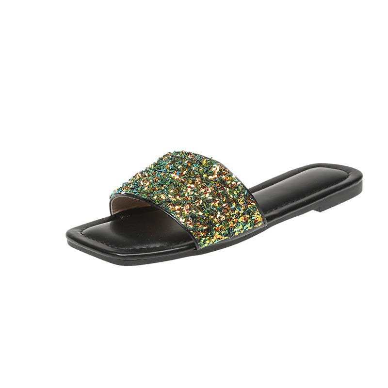 Plus Size Soft Sole Slippers Women Summer Outdoor Wear Flat Sequined Flip Flop Square Toe Flat Sandals and Slippers 7