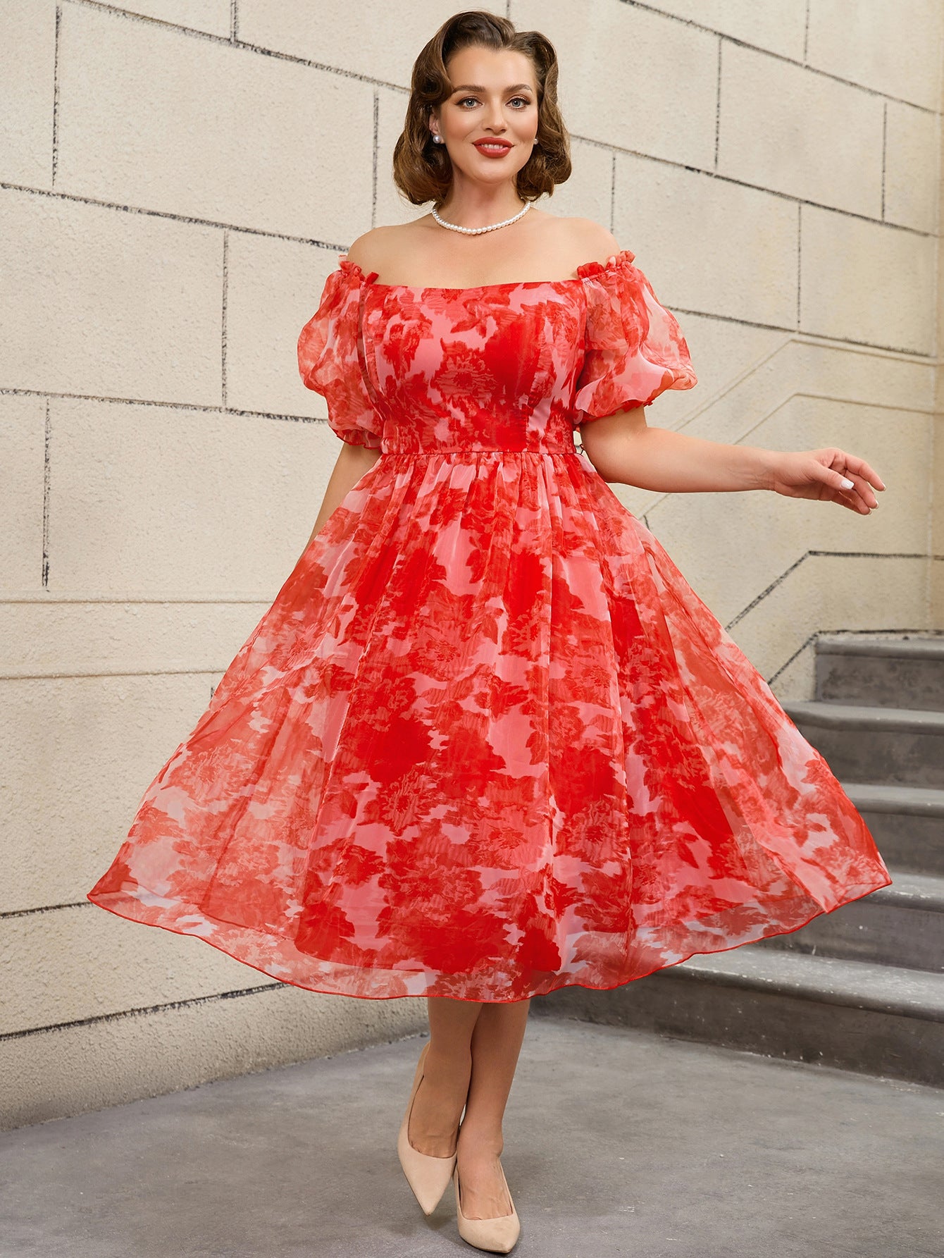 Plus Size Women Red Print Off Shoulder Puff Sleeve Dress 4