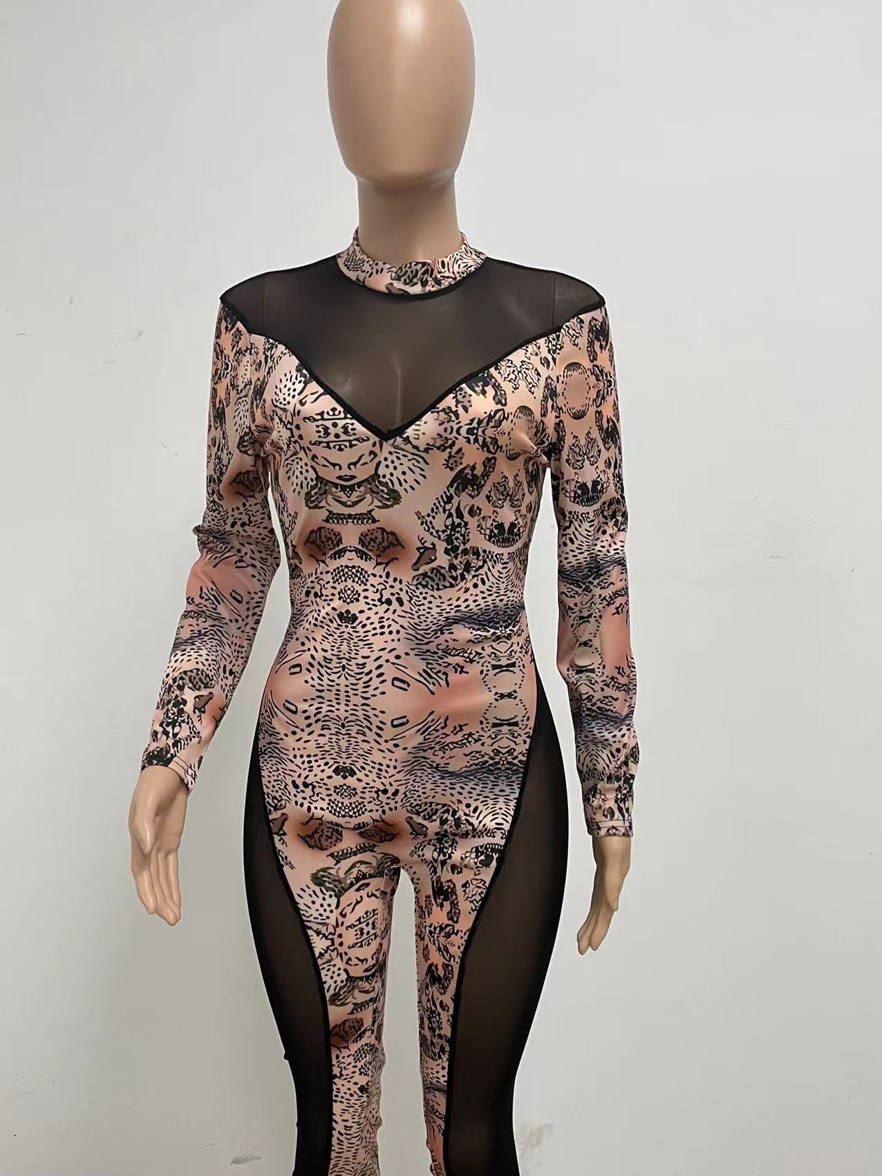 Women's Long-Sleeved Print See-Through Mesh Patchwork Slim Ladies Jumpsuit 7