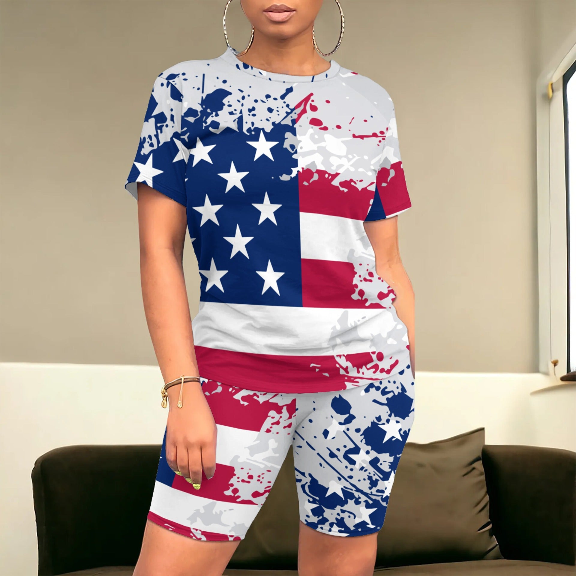 American Flag Print Fashion Casual Women's Short Sleeve T-Shirt Shorts Two Piece Set 5