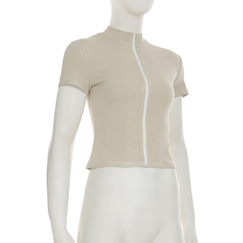 Slim Sports Basic Stand Collar Short Sleeve t-shirt Sports Casual Zipper Top 8