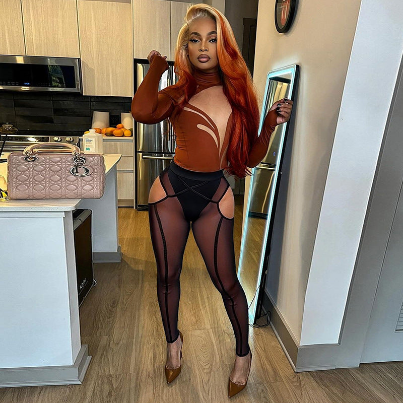 Women Spring and Summer Mesh See-Through Hollow Cross Line Loose Pants