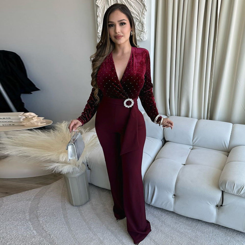 Women sexy v-neck long-sleeved Beaded wide-leg Jumpsuit 5