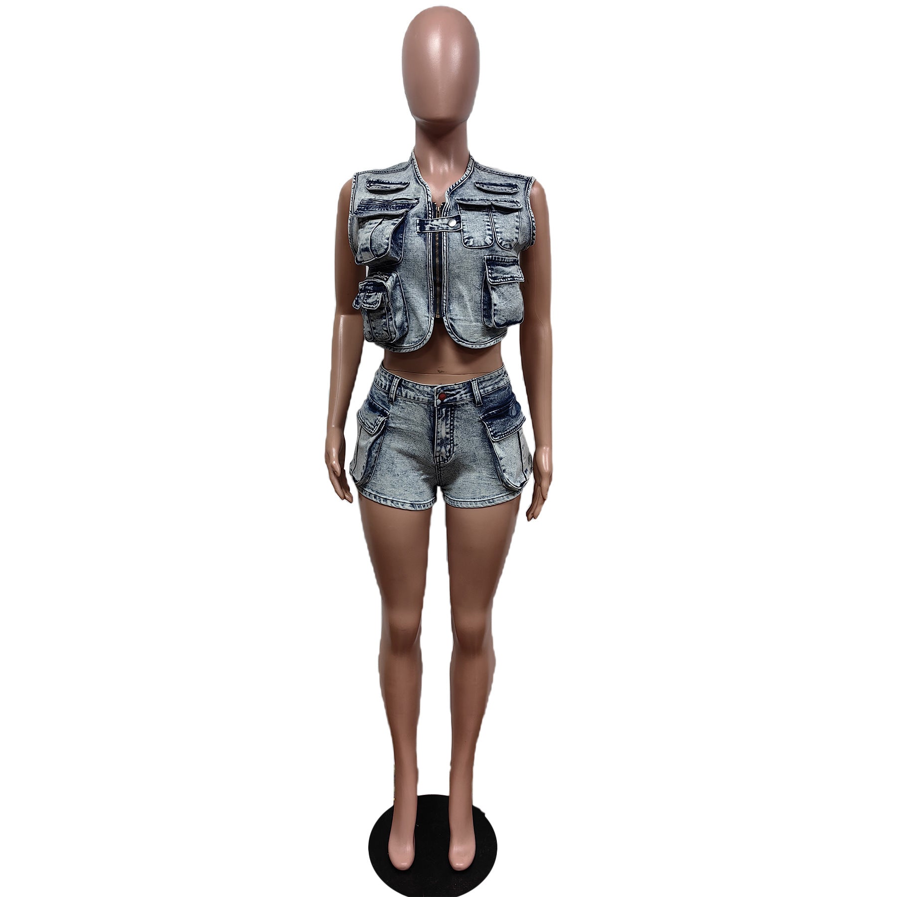 Denim Shorts Multi-Pocket Sleeveless Two Piece Denim Shorts Set 6
