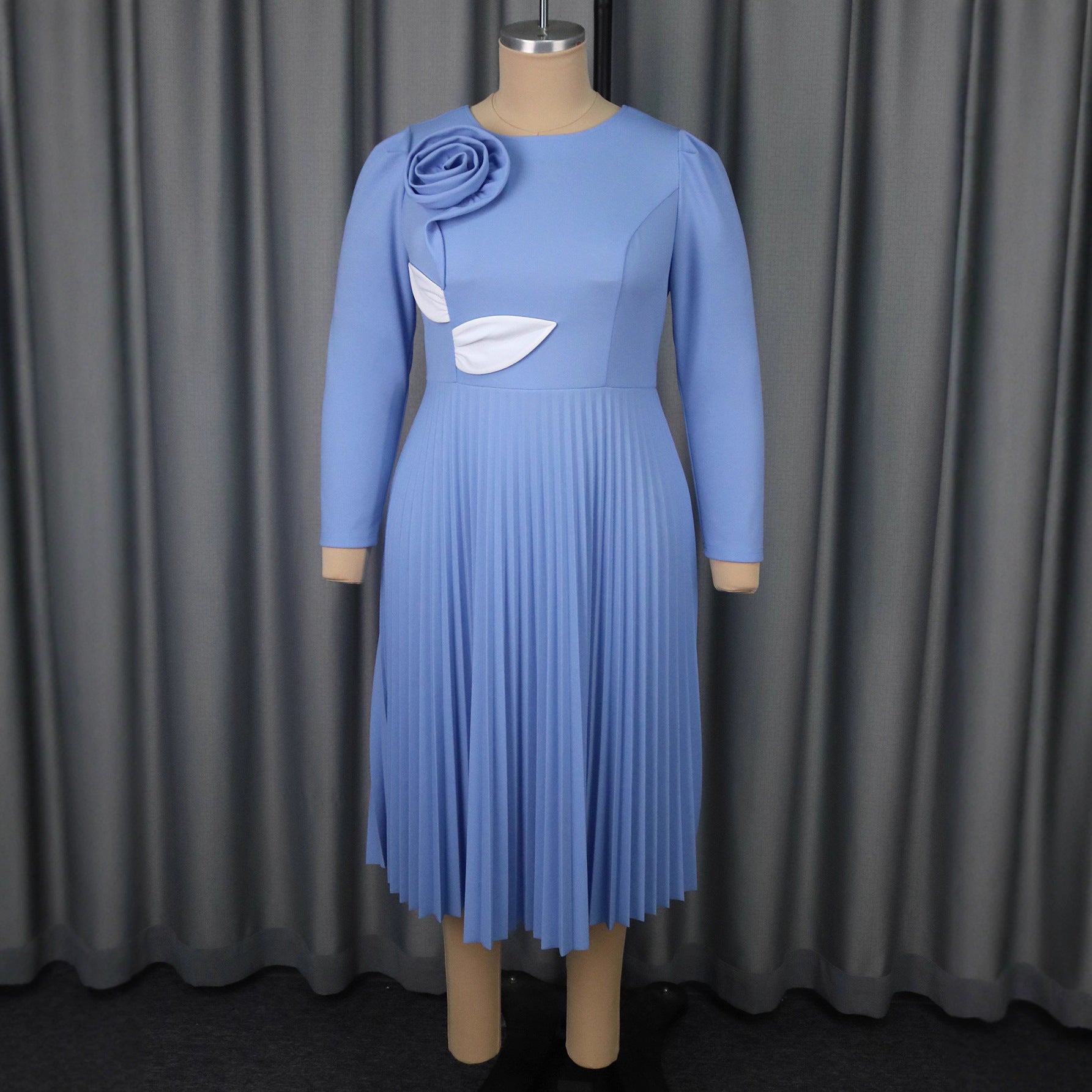 Autumn Elegant Round Neck Long Sleeve Dress Floral Color Block Leaf Pleated Formal Party Dress