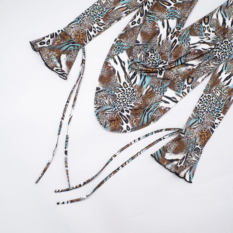 Women Fall Gradient Leopard Print Long-Sleeved Backless Top and Shorts Two-Piece Set 21