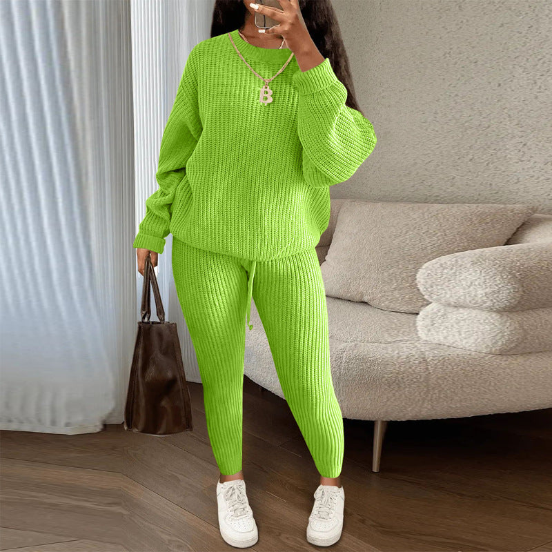 Fashion Casual Knitting Two Piece Pants Set Solid Long Sleeve Loose Sweater Trouser Suits Women's Clothing 30