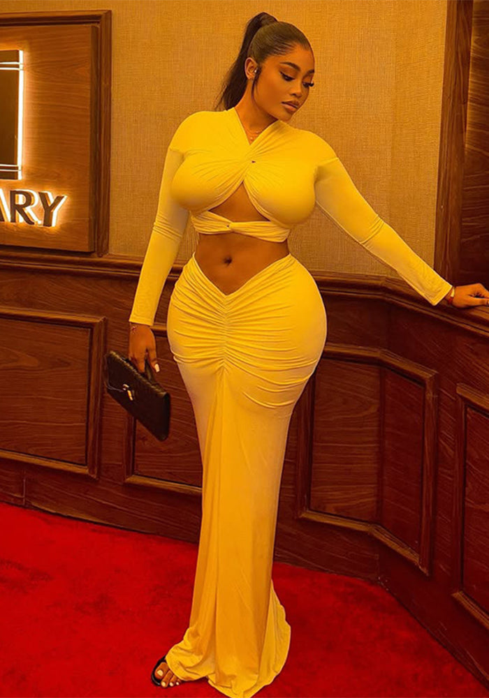 Women Hollow Crop Solid V-neck Top and Pleated Skirt Two-piece Set