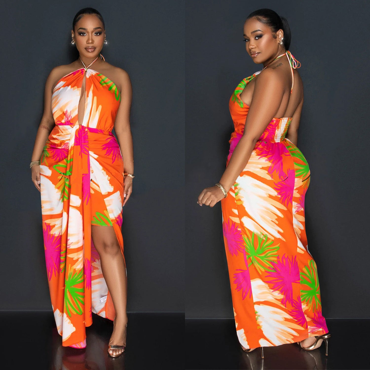 Women Backless Lace-up Print Dress 4