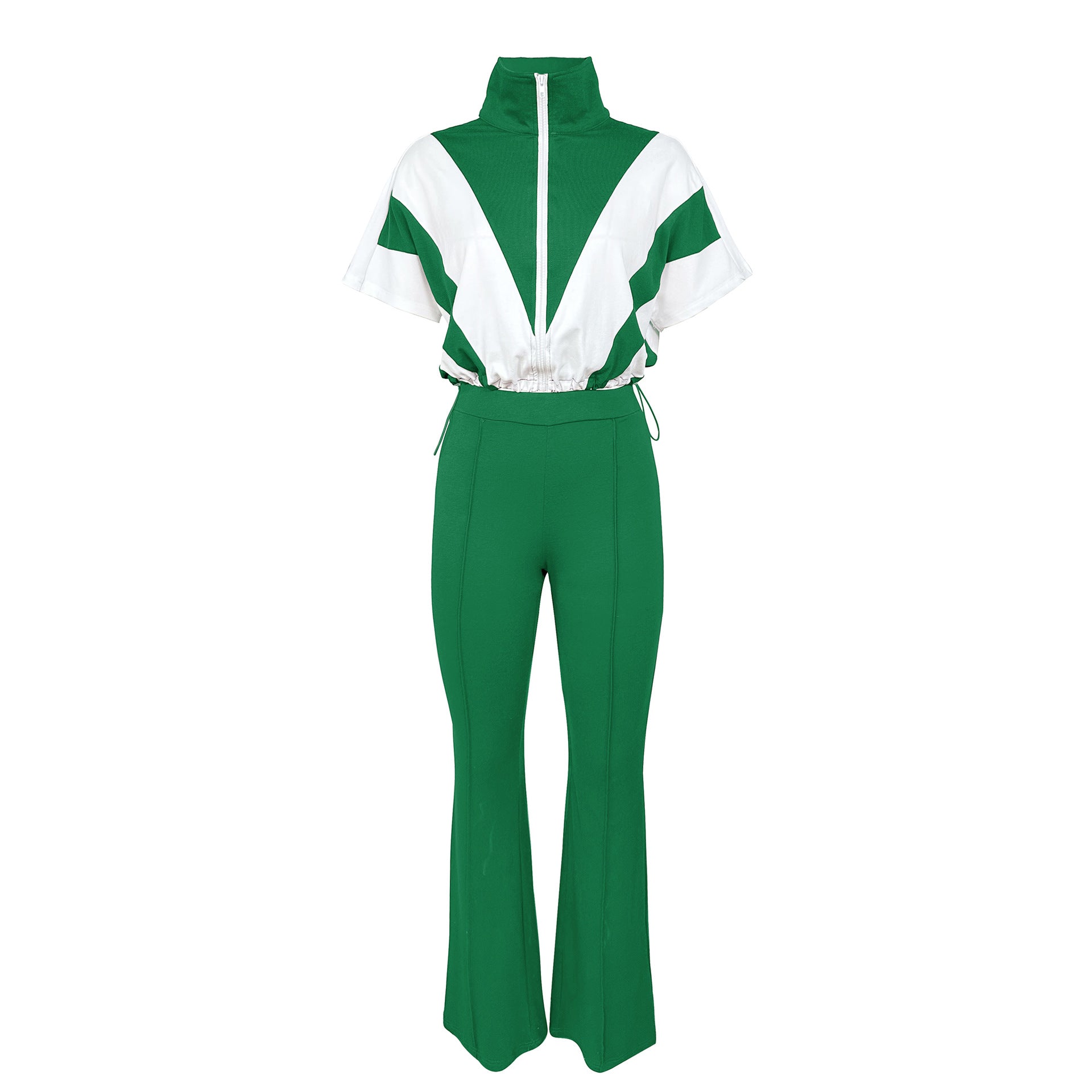 Casual Elastic Slim Waist Color Block Patchwork Sports Two Piece Pants Set for Women 12