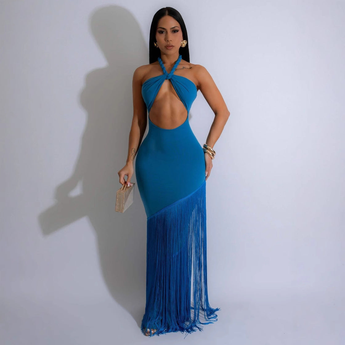 Women hollow sleeve Halter Neck tassel dress 4
