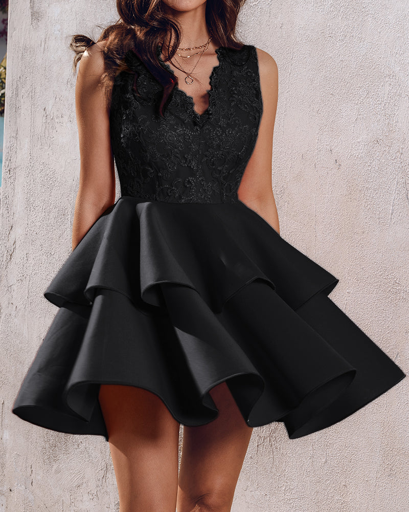 Sleeveless V-Neck Lace Patchwork Slim Waist Puffy Dress 9