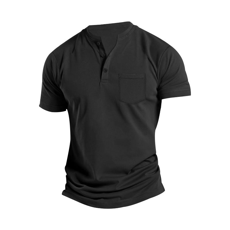 Men's Solid Button Stand Collar Short Sleeve T-shirt 20