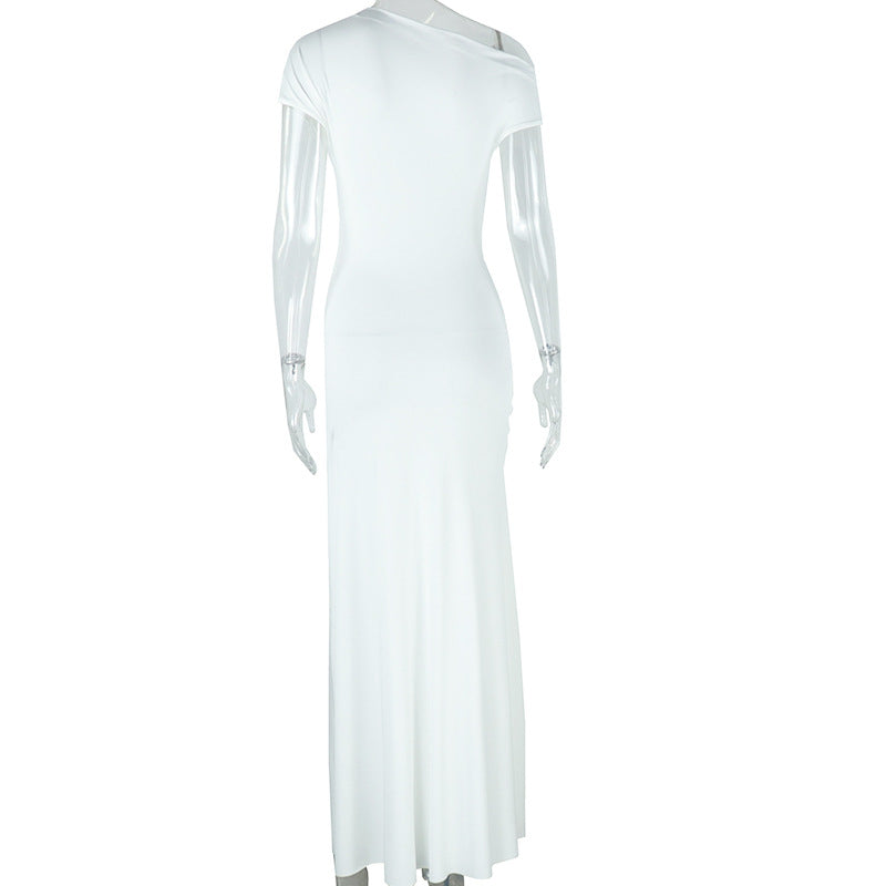 Women Solid Slash Shoulder Short Sleeve Sexy Irregular Slit Dress 12