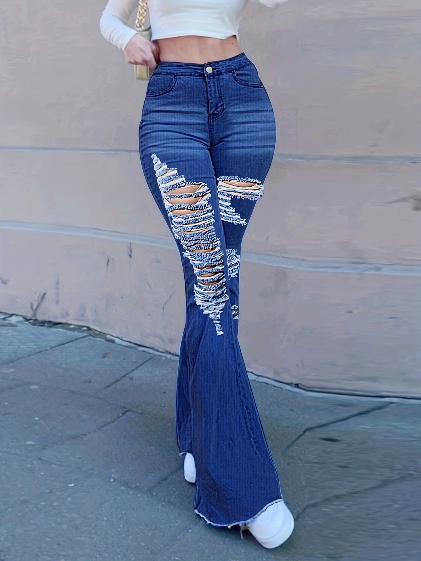 Women Ripped Denim Bell Bottom Pants 4
