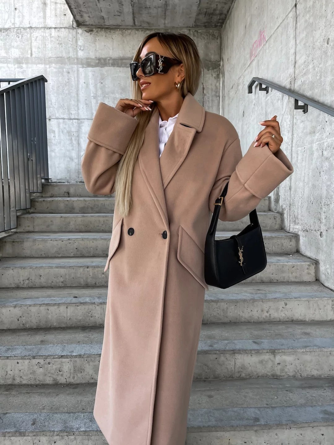 Autumn And Winter Long-Sleeved Turndown Collar Double-Breasted Woolen Coat Top For Women 4