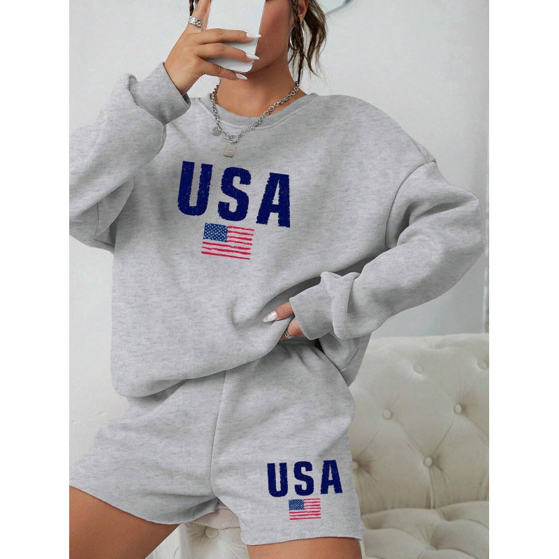 Women Round Neck Long Sleeve Top and Shorts Casual Two-piece Set 9