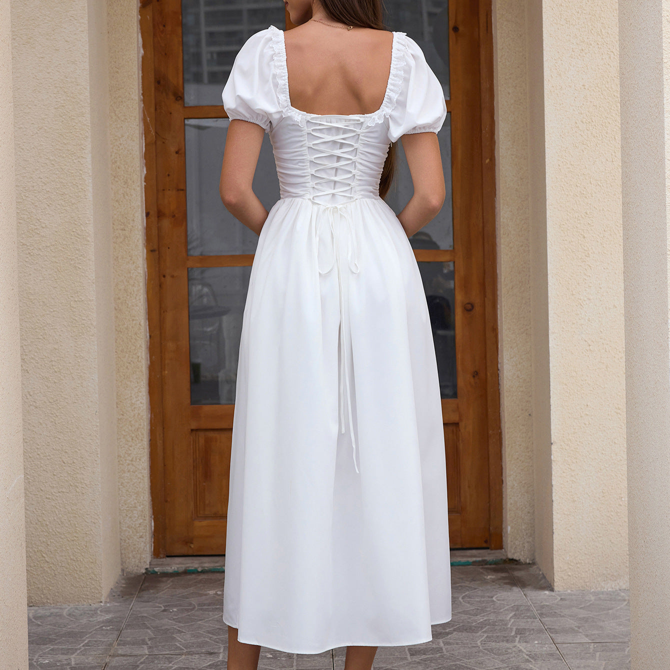 Women Summer Puff Short-Sleeved Solid Sexy Backless Lace-Up Maxi Dress 3