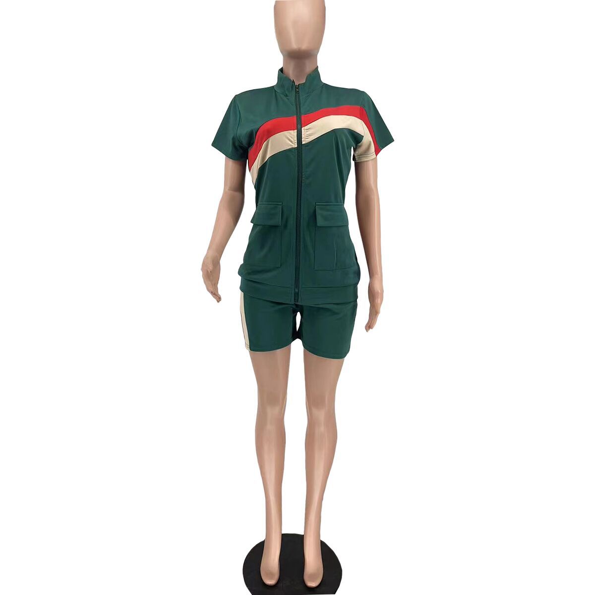 Women's Sports Casual Fashion Zip Pocket Top Shorts Two-Piece Set 23