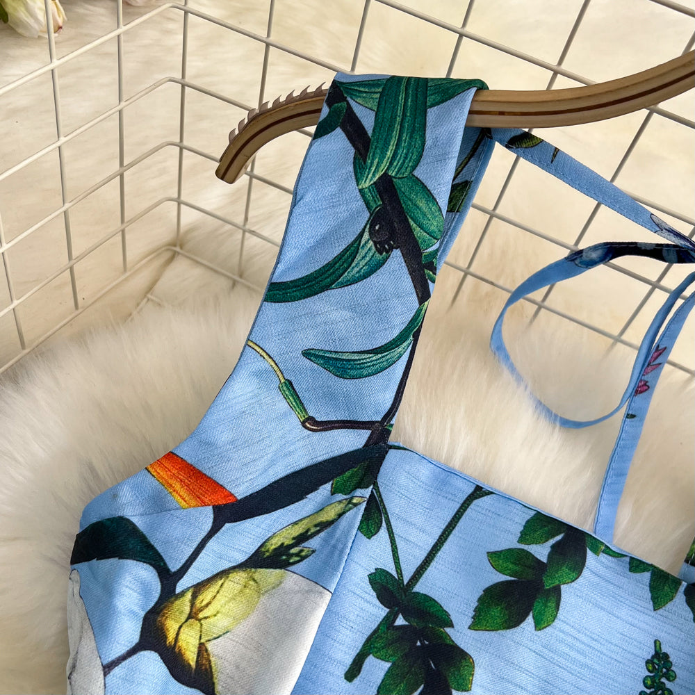 Retro Straps Fashionable Printed Slim Waist A-Line Dress Beach Holidays Long Dress 11