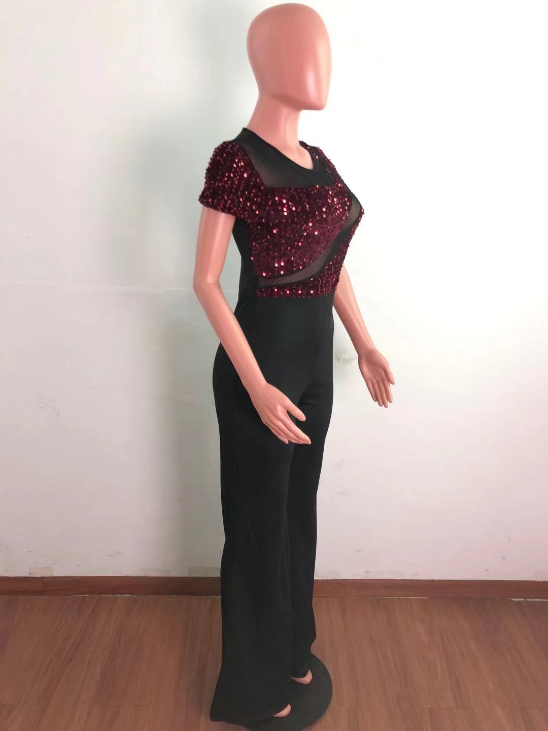 Women Irregular Sequin Patchwork Short Sleeve Jumpsuit 15