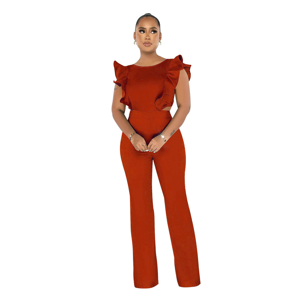 Women Summer Ruffle Round Neck Solid Jumpsuit 14
