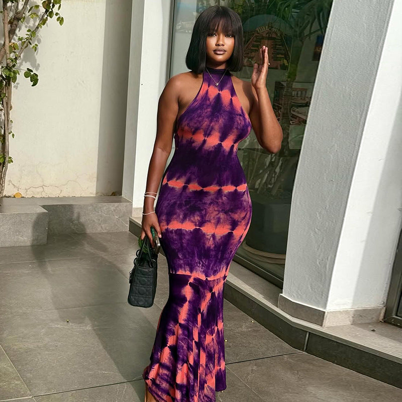 Elegant Printed High Neck Long Dress