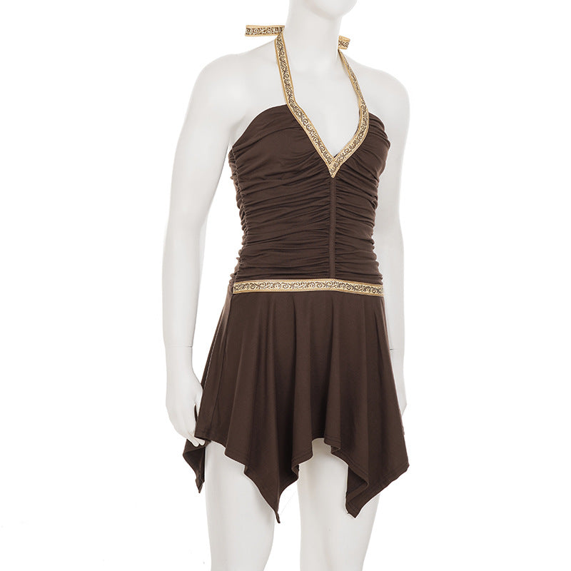 Women American-Style V-Neck Ethnic Ribbon Contrast Color Patchwork irregular pleated Halter Neck dress 9