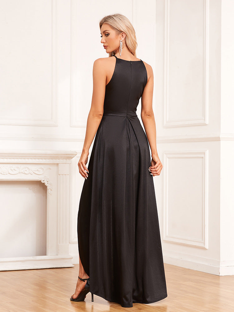 Women satin elegant pleated sleeveless irregular dress