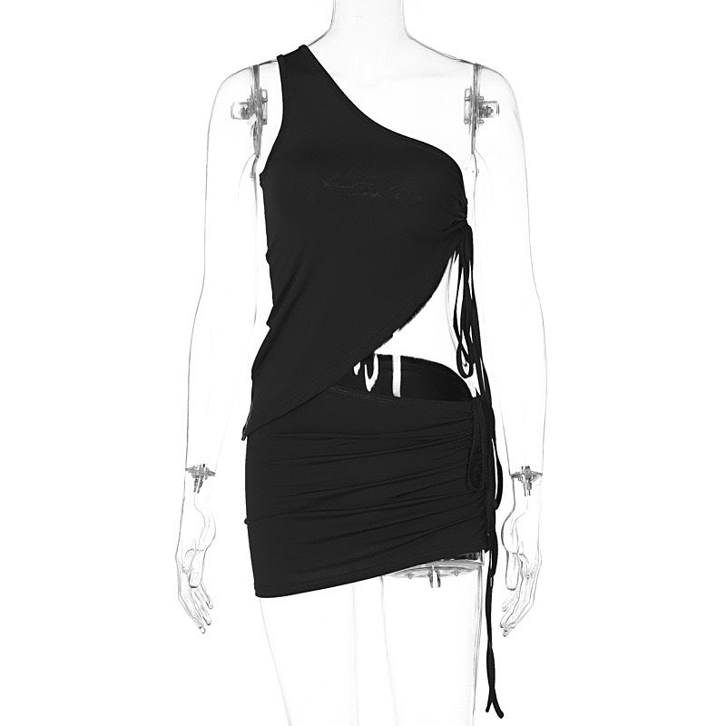 Women summer one-shoulder vest and wrinkled Mini Skirt two-piece set 10