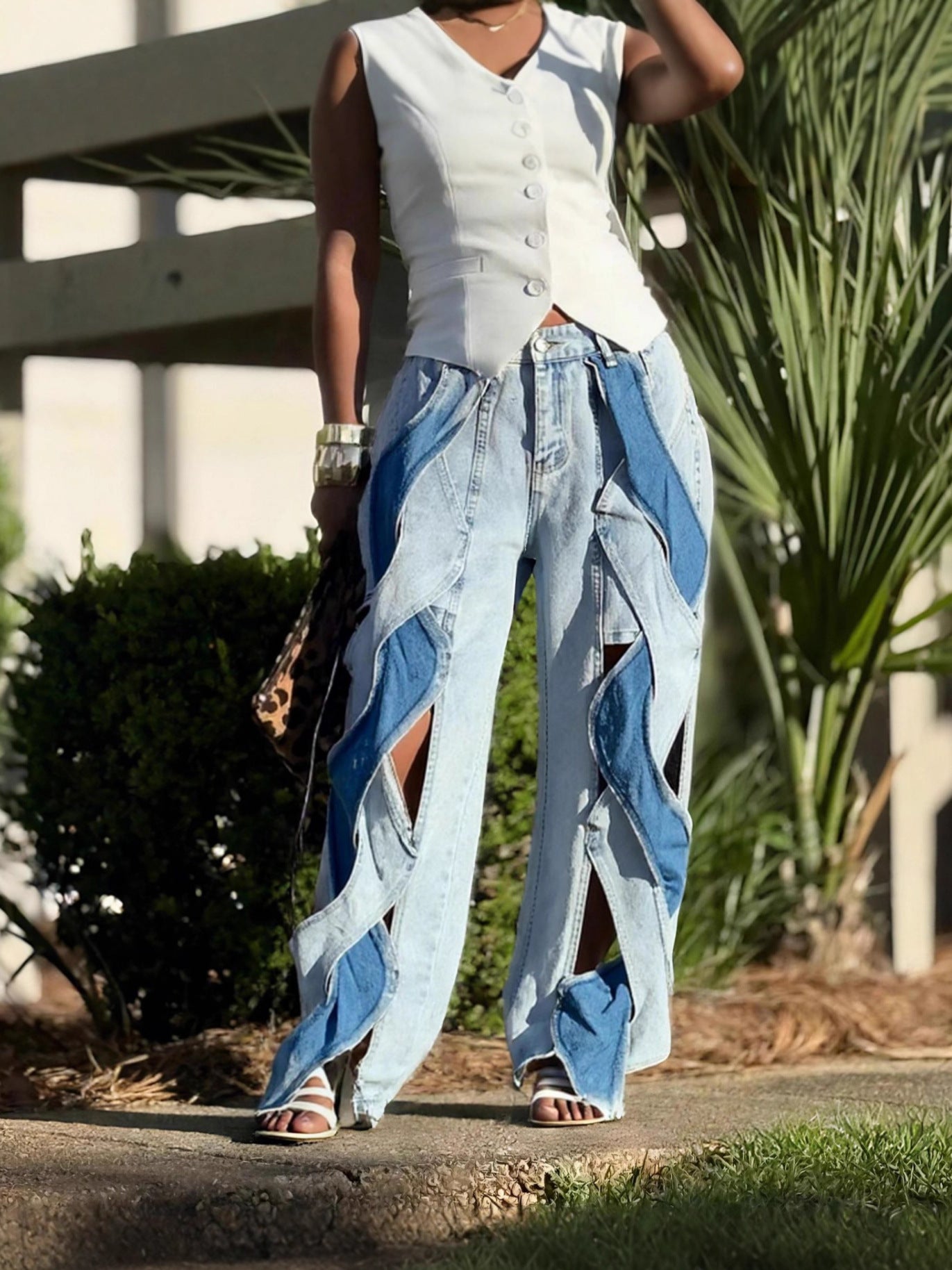 Color Block Patchwork Straight Leg Knot Cut-Out Denim Pants 5