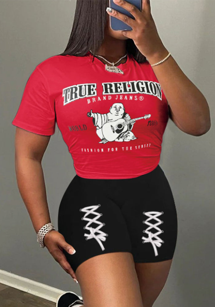 Women's Letter Printed Sports Suit Short-Sleeved Round Neck Casual Two-Piece Shorts Set