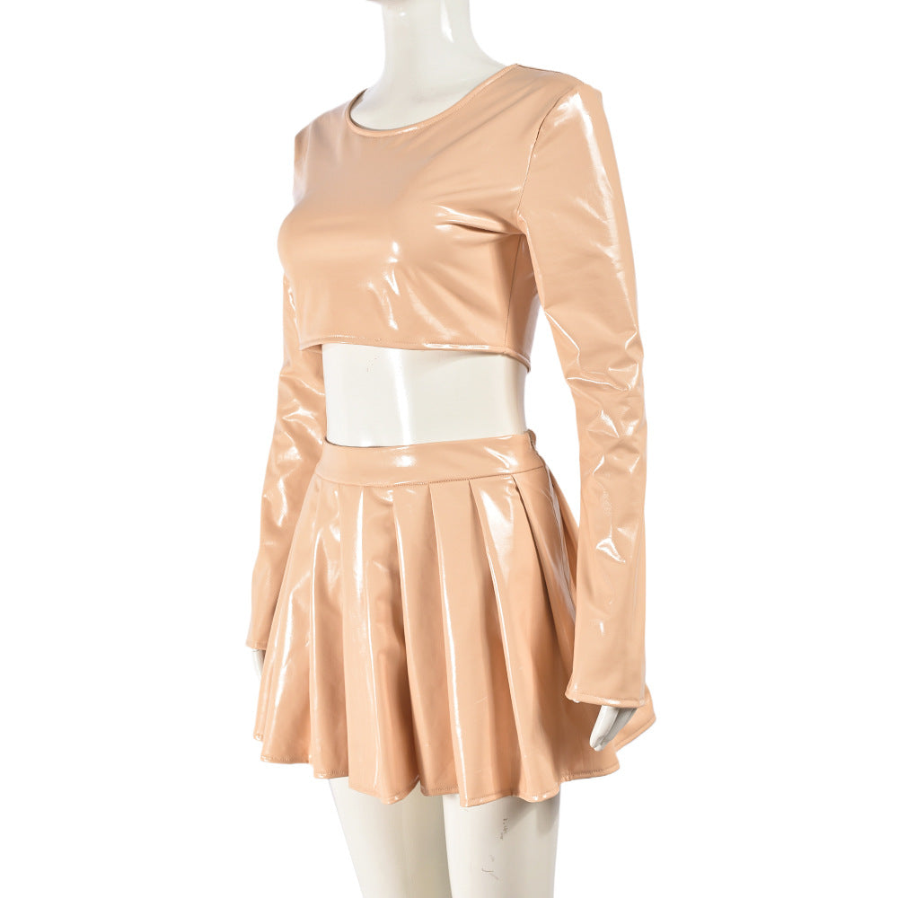 Women Autumn Long Sleeve Round Neck pu-Leather Top and Pleated Skirt Two-piece 9