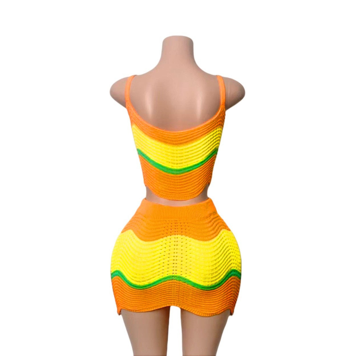 Women Holiday Multi-Color Knitting halter top and skirt with wavy pattern and hollowed-out lace. 10