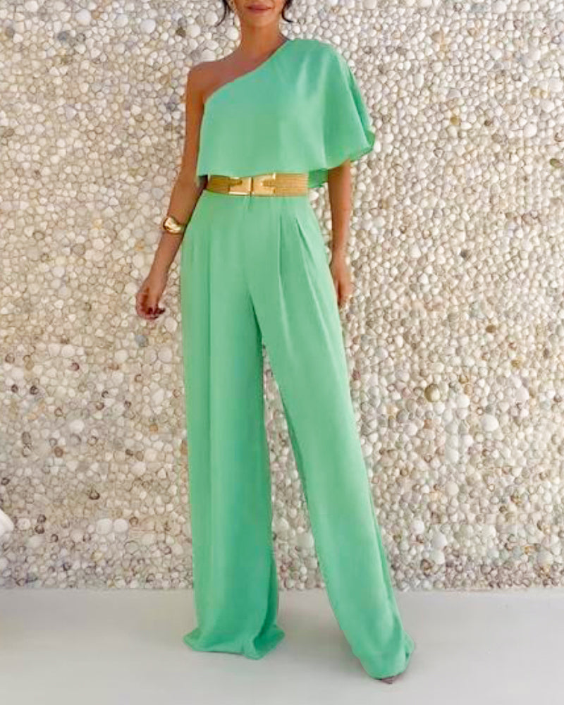 Light Green One-Shoulder Jumpsuit No Belt 3