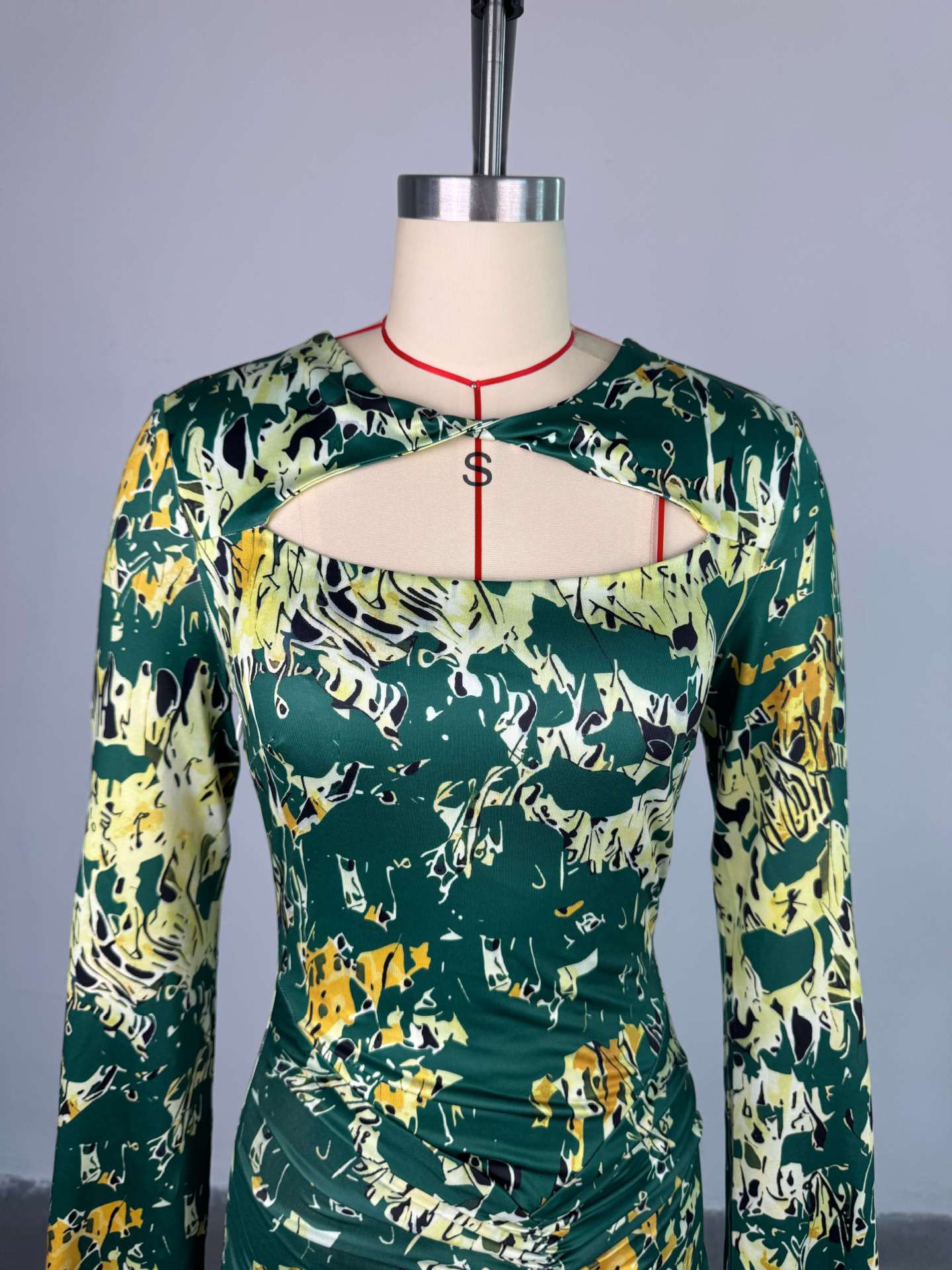 Women's Spring Print Hollow Neck Long-Sleeve High-Waist Slim Long Dress 4