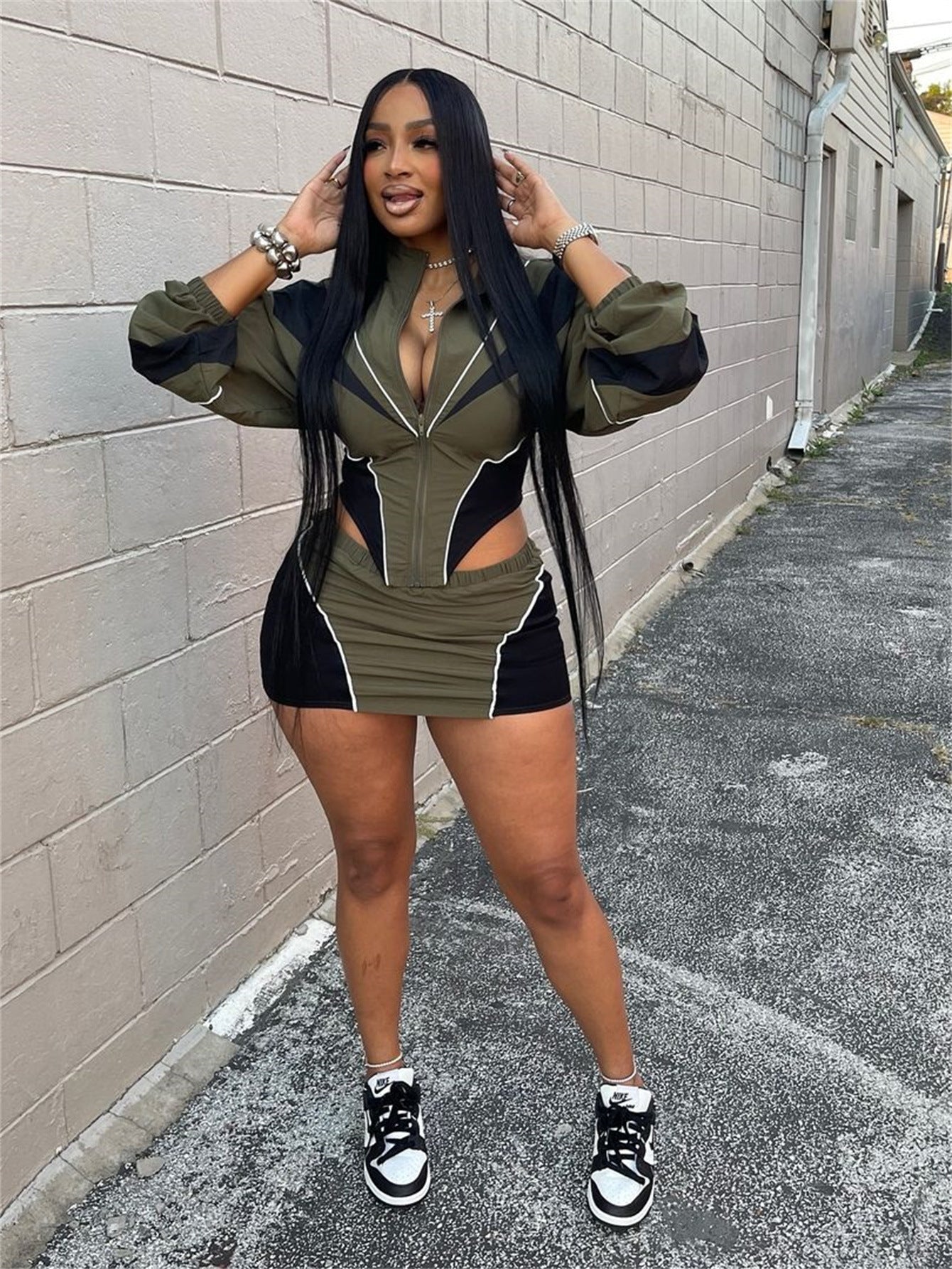 Autumn Sexy Sports Style Loose Casual Contrast Color Long Sleeve Jacket Short Skirt Women Two Piece Set 3