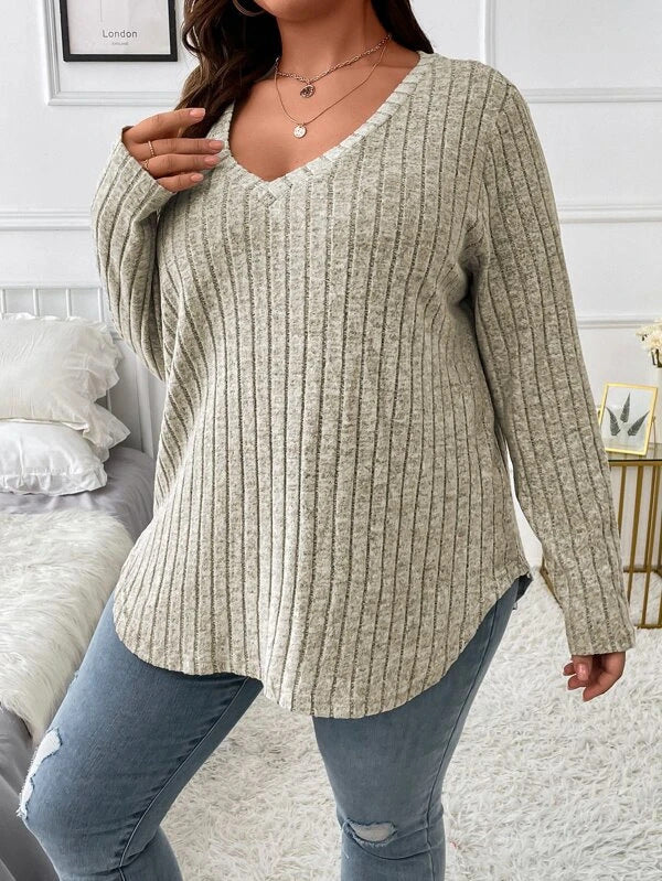 Women's Autumn Winter Solid Color Ribbed V-Neck Plus Size Pullover Top