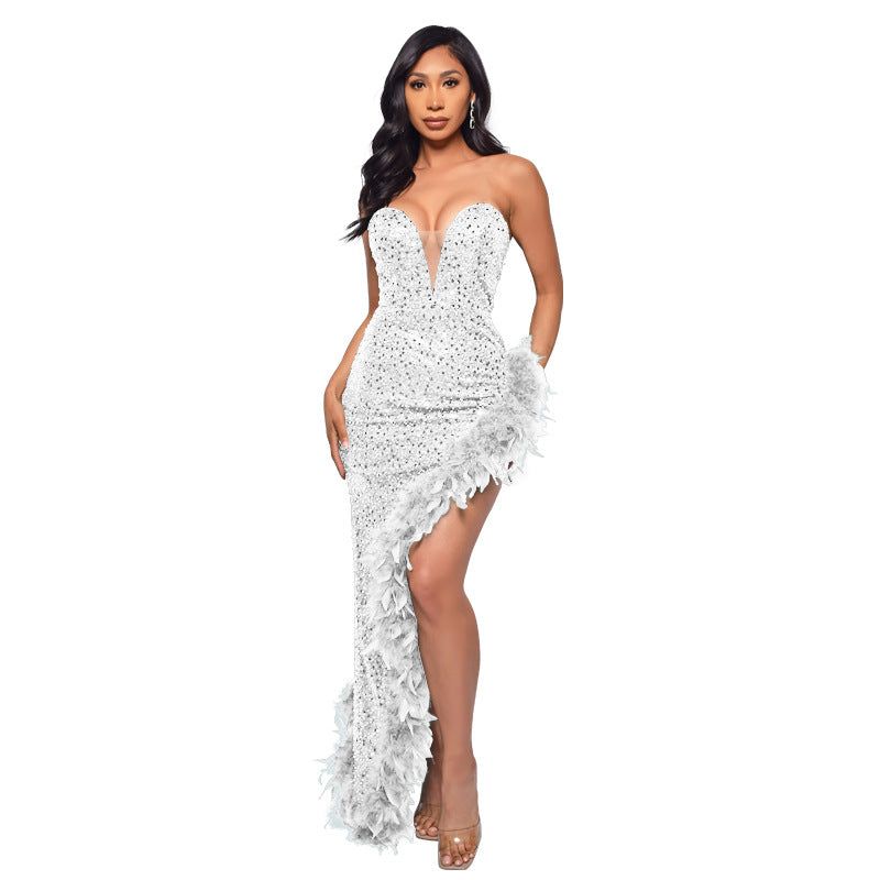 Women Sexy Off Shoulder Backless Sequin Feather Dress 24