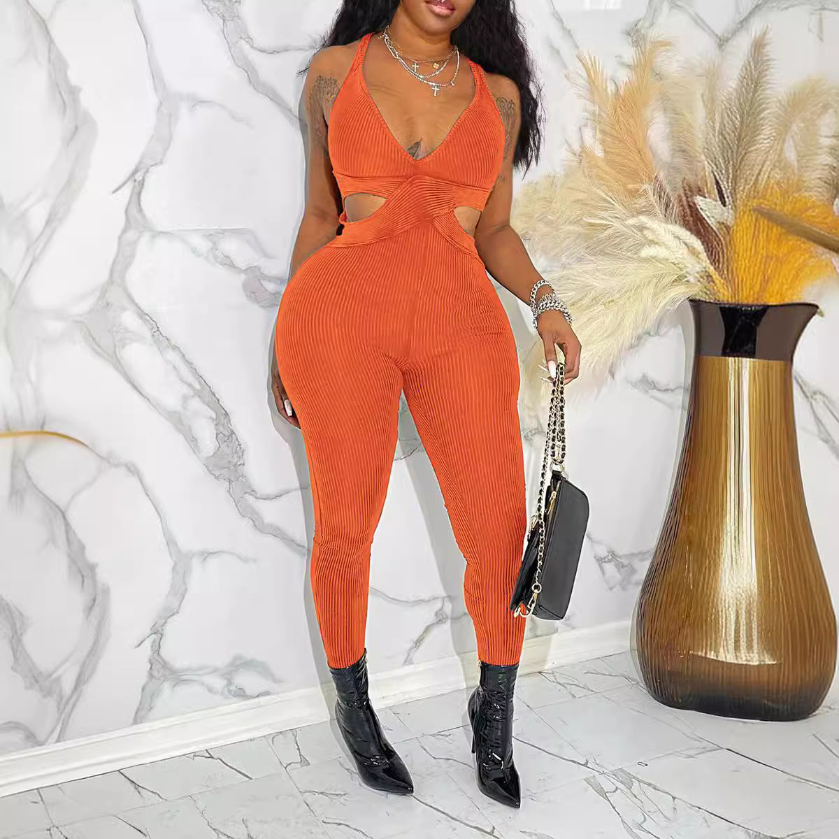 Fashion Solid Color V-Neck Strap Hollow Slim Tight Jumpsuit 6