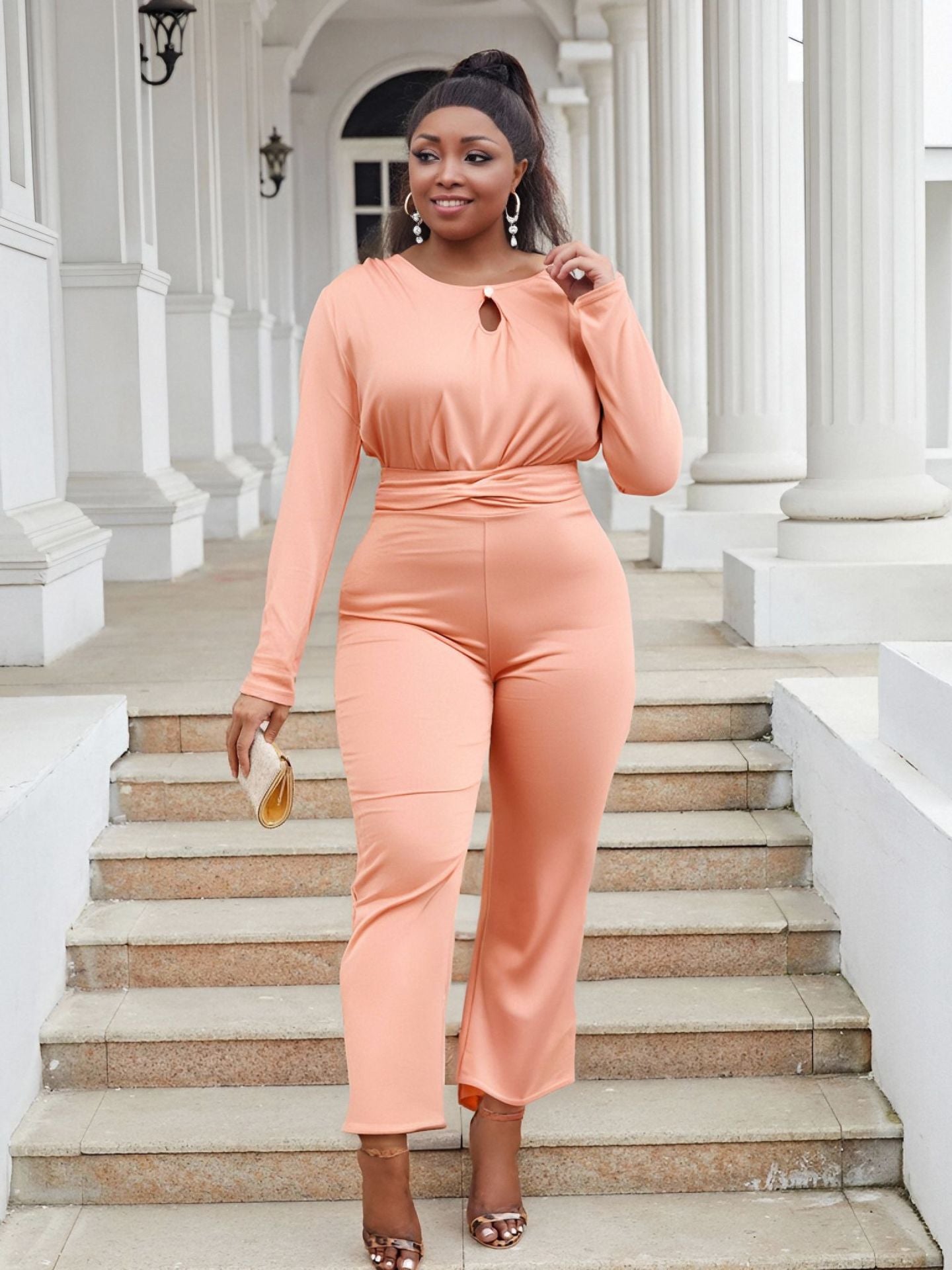 Plus Size Women Elegant Stretchy Hollow Wide Leg Jumpsuit 3